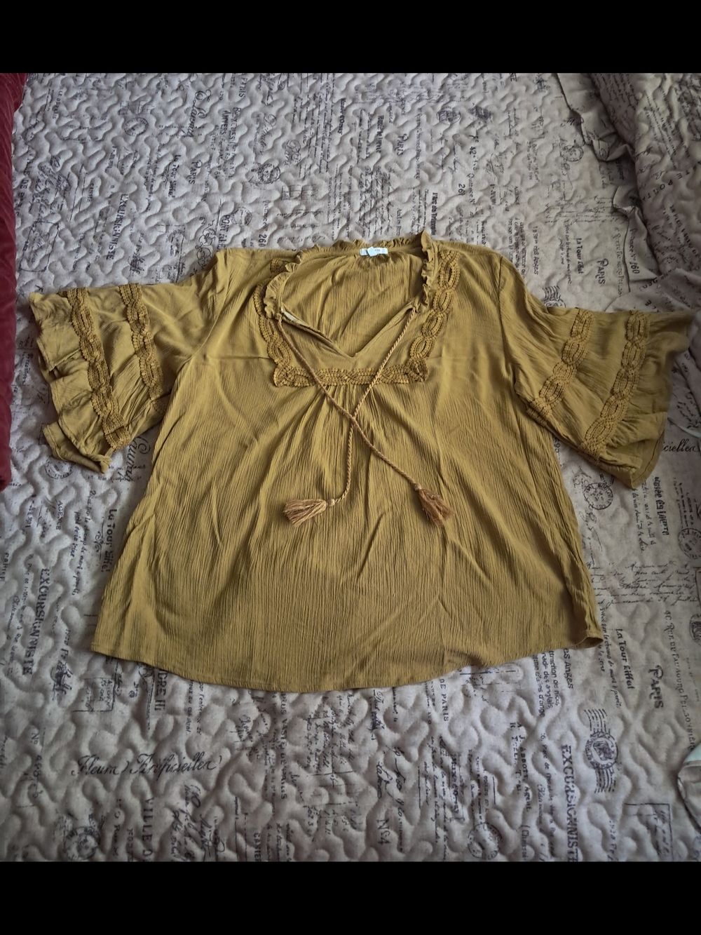 Maurices Mustard Tie-Front Crochet Flutter Sleeve Blouse